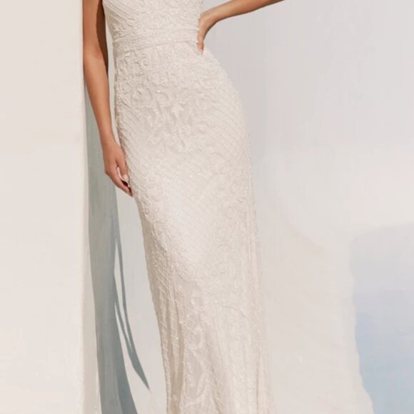 Lulus Cherished Vow White Beaded Backless Mermaid Maxi Dress - Size M - Picture 2 of 8
